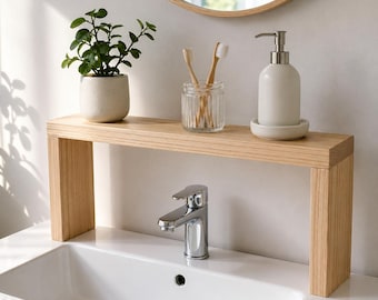 Estante para colocar sobre el lavabo, organizador de baño de fresno macizo, estante de almacenamiento de madera para lavabo