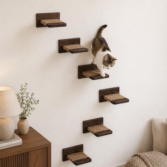 Cat Wall Shelf, Wooden Cat Perch, Wall Mounted Cat Shelf with Sisal, Solid Wood Cat Furniture, Modern Cat Climbing Shelf