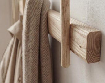 Oak Peg Rail Wall Mounted – Minimalist Wooden Coat Hooks for Entryway