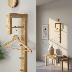 Scandinavian Ash Wall Hooks with Rail, Minimalist Modern Hallway Decor