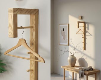 Ganchos de parede em freixo escandinavo com trilho, decoração minimalista e moderna para hall de entrada.