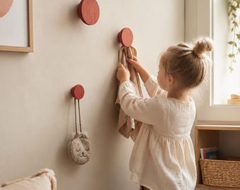 Kids Backpack Wall Hooks, Child Height Coat Hooks, Wooden Entryway Hooks for Kids, Set of 3 Round Wall Pegs, Pastel Nursery Storage