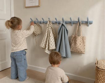 Toddler Coat Rack Wall Mount, Wooden Kids Entryway Hooks, Child Jacket Hanger, Montessori Hallway Organizer, Nursery Wall Rack