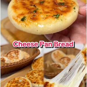 May include: Close-up of cheese pan bread with a golden-brown, bubbly top, sprinkled with green herbs. The bread is round and fluffy, with melted cheese stretching out. The text "Cheese Pan Bread" is visible.