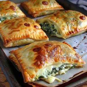 May include: A baking sheet with five golden brown spinach and cheese pastries. The pastries are filled with a creamy white cheese and bright green spinach. The pastries are on a white parchment paper.