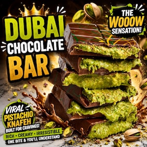 Op de afbeelding: Een stapel donkere chocoladerepen gevuld met groene pistachecrème. De afbeelding toont de tekst "Dubai Chocolate Bar" en "Viral Pistachio Knafeh". De woorden "Rich, Creamy, Irresistible" worden ook weergegeven. De afbeelding bevat ook de tekst "The Wooow Sensation!"
