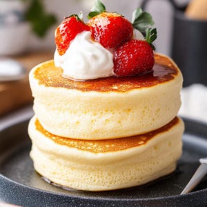 May include: Two fluffy Japanese pancakes, known as souffle pancakes, topped with whipped cream and fresh strawberries. The pancakes are on a black plate.