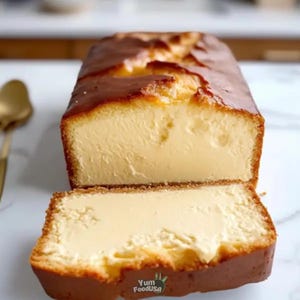 May include: A sliced loaf cake with a golden-brown crust and a creamy, pale yellow interior. The cake is cut to reveal the soft texture. The image includes a gold spoon and the text "Yum FoodUSA".