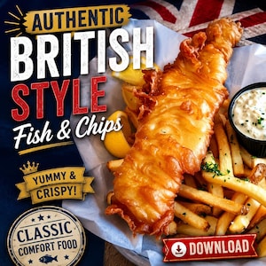 May include: A golden-brown battered fish fillet served with a portion of fried potatoes, lemon wedges, and a small container of white dipping sauce. The image includes text reading AUTHENTIC BRITISH STYLE Fish & Chips, YUMMY & CRISPY!, CLASSIC COMFORT FOOD, and DOWNLOAD.