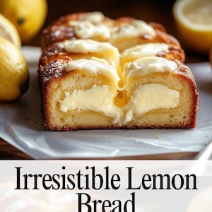 Puede incluir: Un pan de limón rebanado con un relleno cremoso, que muestra el interior. El pan es de color marrón dorado con una cobertura blanca. También se ven limones frescos. El texto "Irresistible Lemon Bread" está presente.