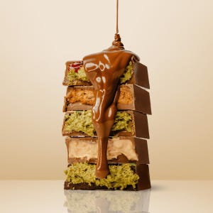 Può includere: Una pila di barrette di cioccolato con vari ripieni, tra cui pistacchi verdi, caramello e crema, è ricoperta di cioccolato fuso. Le barrette sono disposte a torre, con il cioccolato che cola lungo il lato. Lo sfondo è di un colore beige chiaro uniforme.