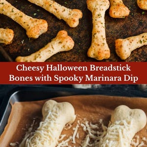 May include: Cheesy Halloween breadstick bones with a spooky marinara dip. The breadsticks are shaped like bones and sprinkled with herbs. A small bowl of red marinara sauce is in the background. The bottom of the image shows breadsticks covered in shredded cheese.