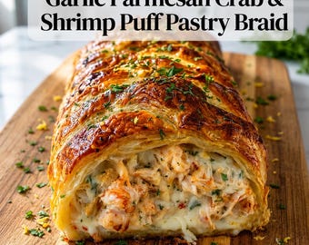 Garlic Parmesan Crab & Shrimp Puff Pastry Braid Recipe PDF | Easy Seafood Dinner Digital Download