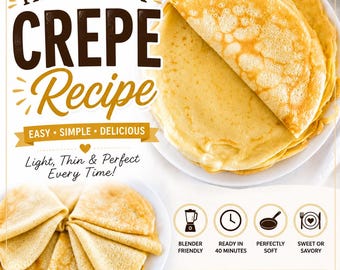 Easy Crepe Recipe PDF | Classic French Crepes | Homemade Breakfast & Dessert Recipe | Printable Digital Download