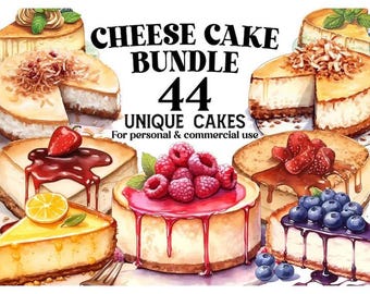May include: A collection of watercolor cheesecakes with various toppings, including strawberries, raspberries, and blueberries. The image includes text that reads "CHEESE CAKE BUNDLE 44 UNIQUE CAKES For personal & commercial use."