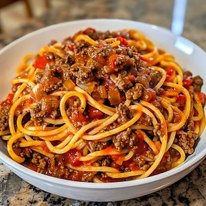 May include: A white bowl filled with spaghetti and meat sauce. The sauce is a rich red colour and contains ground beef, onions, and peppers. The spaghetti is cooked al dente and is topped with a generous amount of sauce.