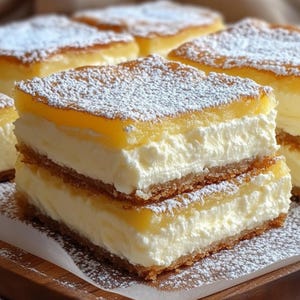 Può includere: Primo piano di quadrati di dessert a strati. Ogni quadrato ha uno strato superiore giallo dorato, un centro cremoso bianco spesso e una base marrone chiaro. I dessert sono cosparsi di zucchero a velo, su un vassoio di legno.