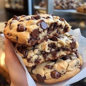 May include: Three chocolate chip cookies, freshly baked with a light brown exterior and a soft, chocolate-filled interior. The cookies are stacked on top of each other, held together by white paper.