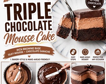 Triple Chocolate Mousse Cake Recipe | Rich Brownie, Silky Ganache (Digital Download)
