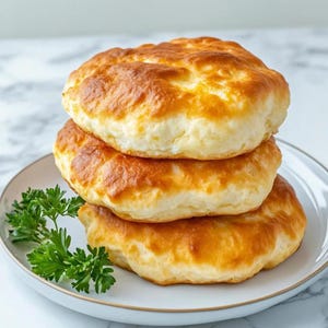 Könnte beinhalten: Ein Stapel von drei goldbraunen, fluffigen Keksen auf einem weißen Teller mit einem Zweig Petersilie.