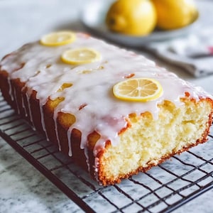 May include: A loaf of lemon cake with a white glaze and lemon slices on top. The cake is on a wire rack.