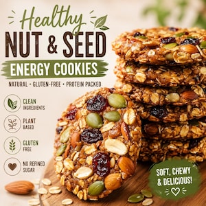 May include: A stack of round energy cookies containing oats, almonds, pumpkin seeds, and dried cranberries. Text on the image reads: Healthy NUT & SEED ENERGY COOKIES, NATURAL, GLUTEN-FREE, PROTEIN PACKED, CLEAN INGREDIENTS, PLANT BASED, NO REFINED SUGAR, SOFT, CHEWY & DELICIOUS!