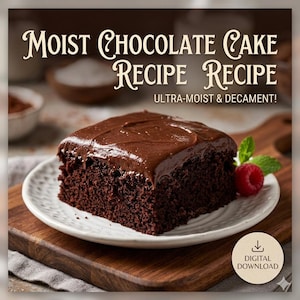 Puede incluir: Una porción cuadrada de pastel de chocolate húmedo con glaseado de chocolate sobre un plato blanco, adornada con una frambuesa y una hoja de menta. La imagen incluye el texto "Moist Chocolate Cake Recipe Recipe".