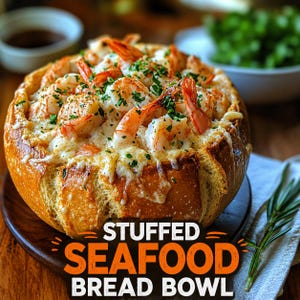 May include: A stuffed seafood bread bowl filled with shrimp and cheese, garnished with parsley. The bread bowl is golden brown and sits on a wooden plate. The text "STUFFED SEAFOOD BREAD BOWL" is displayed in orange.