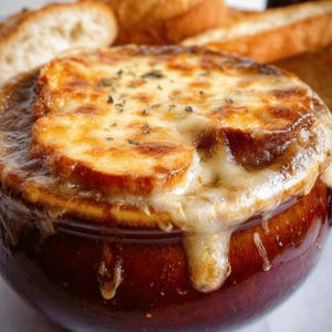 Peut inclure: Gros plan sur un bol de soupe à l'oignon gratinée. La soupe est recouverte d'une épaisse couche de fromage fondu, avec un croûton de pain grillé. Le bol est brun et la soupe bouillonne. Des tranches de pain grillé sont en arrière-plan.