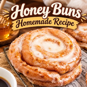 Puede incluir: Un bollo de miel en espiral de color marrón dorado con glaseado blanco, sobre una rejilla de alambre. El texto "Honey Buns Homemade Recipe" aparece en letras grandes y estilizadas marrones y amarillas, con un tarro de miel cerca.
