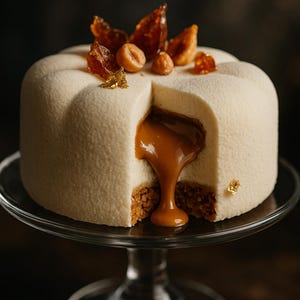 Peut inclure: Un gâteau rond blanc avec une garniture au caramel, coupé pour révéler le caramel coulant. Le gâteau est décoré de noix, d'éclats de caramel et de feuilles d'or, présenté sur un présentoir à gâteau en verre. Le dessert a un aspect texturé et velouté.