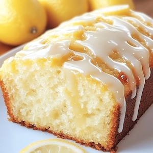 Könnte beinhalten: Eine Scheibe Zitronenkuchen mit weißer Glasur, die über die Oberseite geträufelt wird. Der Kuchen ist hellgelb mit einer goldbraunen Kruste. Ganze Zitronen befinden sich im Hintergrund und eine Zitronenscheibe im Vordergrund.