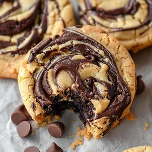 May include: Close-up of a swirl cookie with a chocolate center. The cookie has a bite taken out of it and is surrounded by chocolate chips.