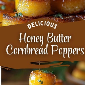 Op de afbeelding: Een stapel goudbruine maisbroodpoppers besprenkeld met honingboter. De tekst "DELICIOUS Honey Butter Cornbread Poppers" wordt weergegeven op een bruine achtergrond.