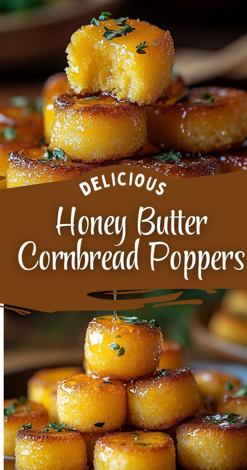 Op de afbeelding: Een stapel goudbruine maisbroodpoppers besprenkeld met honingboter. De tekst "DELICIOUS Honey Butter Cornbread Poppers" wordt weergegeven op een bruine achtergrond.
