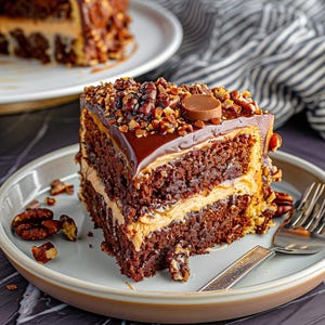 May include: A slice of chocolate cake with pecan nuts and caramel frosting, topped with chocolate ganache. The cake is on a white plate with a fork.