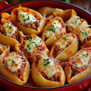 Könnte beinhalten: Nahaufnahme einer roten Auflaufform gefüllt mit gebackenen Pastaschalengemüse. Die Muscheln sind mit einer Fleischsauce gefüllt und mit geschmolzenem Käse und frischer Petersilie garniert.