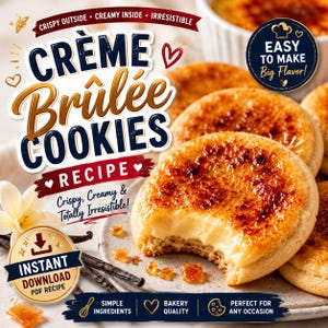 Könnte beinhalten: Eine digitale Rezeptkarte für Crème-Brûlée-Kekse mit dem Text Crème Brûlée Cookies Recipe, Easy to Make Big Flavor und Instant Download PDF Recipe. Das Bild zeigt runde Kekse mit einer karamellisierten Zuckerhaube.