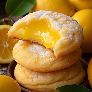 Op de afbeelding: Een stapel van drie citroenkoekjes met een vulling van citroencrème. Het bovenste koekje is gebroken, waardoor de heldergele vulling zichtbaar wordt. De koekjes zijn bestoven met poedersuiker.