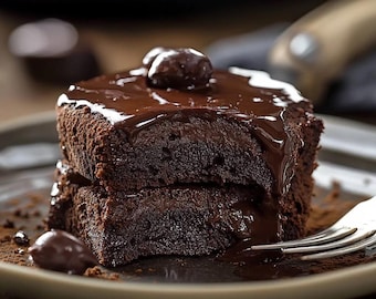 May include: A stack of two dark chocolate brownies on a plate, topped with glossy chocolate ganache and a single chocolate-covered cherry. A fork rests on the plate, with a dusting of cocoa powder.