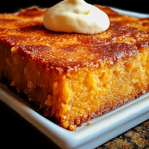 Puede incluir: Una porción cuadrada de pastel dorado-marrón con una cucharada de crema blanca cremosa, presentada en un plato rectangular blanco. El pastel tiene una superficie texturizada y parece recién horneado.