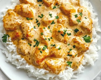 DAS REZEPT für cremig ersticktes Huhn und Reis als Download.