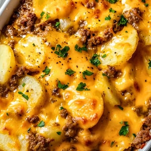Puede incluir: Un primer plano de una fuente para horno llena de un guiso de patatas y carne picada con queso. El guiso está cubierto de queso derretido y perejil fresco.