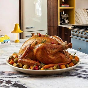 May include: A roasted turkey on a white platter, surrounded by roasted vegetables and cranberries. The turkey is golden brown, with herbs and twine. The platter is on a marble countertop, suggesting a holiday meal.