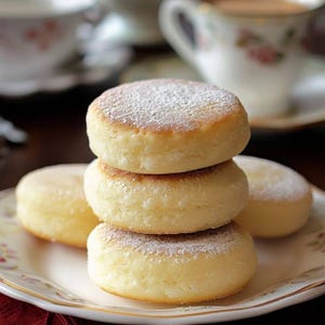 May include: A stack of four round, light brown, fluffy biscuits dusted with powdered sugar. The biscuits are on a white plate with a gold rim.