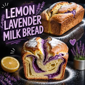 Puede incluir: Un pan de leche de limón y lavanda, cortado para mostrar el relleno morado. El pan está espolvoreado con azúcar glas y se encuentra junto a una rodaja de limón y una pequeña maceta de lavanda. El texto "Lemon Lavender Milk Bread" se muestra en morado.