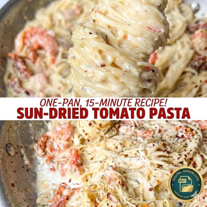 Puede incluir: Primer plano de pasta con tomates secos al sol en una sart&eacute;n. La pasta est&aacute; cubierta con una salsa cremosa blanca y mezclada con tomates secos rojos. Se incluye el texto "ONE-PAN, 15-MINUTE RECIPE! SUN-DRIED TOMATO PASTA".