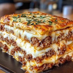 May include: A close-up of a layered lasagna. The dish features layers of pasta, minced meat, and melted cheese. The top layer is golden brown and sprinkled with green herbs. The cheese is melted and stringy, with some sauce visible.