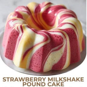 May include: A strawberry milkshake pound cake with a swirled design. The cake features alternating bands of pink, white, and yellow, creating a visually appealing pattern. The cake is on a clear plate, and the text "STRAWBERRY MILKSHAKE POUND CAKE" is at the bottom.