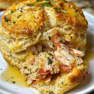 May include: A close-up of a buttery biscuit topped with melted cheese and fresh herbs, filled with a generous portion of crab meat. The biscuit is broken open, revealing the creamy crab filling.